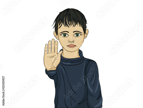 Angry and unhappy boy showing hand sign enough. Against violence