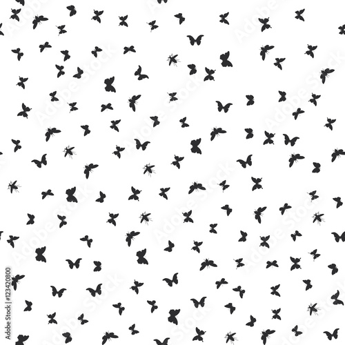 set butterflies, cicada isolated black silhouette. Seamless pattern on white background. Vector