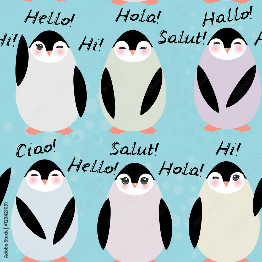 Funny penguins on blue background seamless pattern. Hello in English  Spanish Italian German French Language. Vector Stock Vector | Adobe Stock