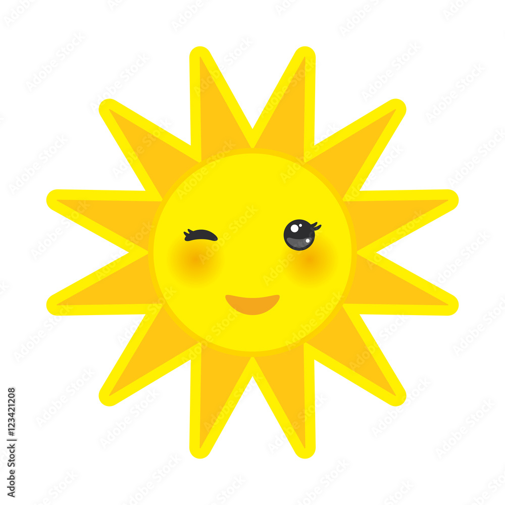 funny cartoon yellow sun smiling and winking eyes and pink cheeks, sun on white background. Vector