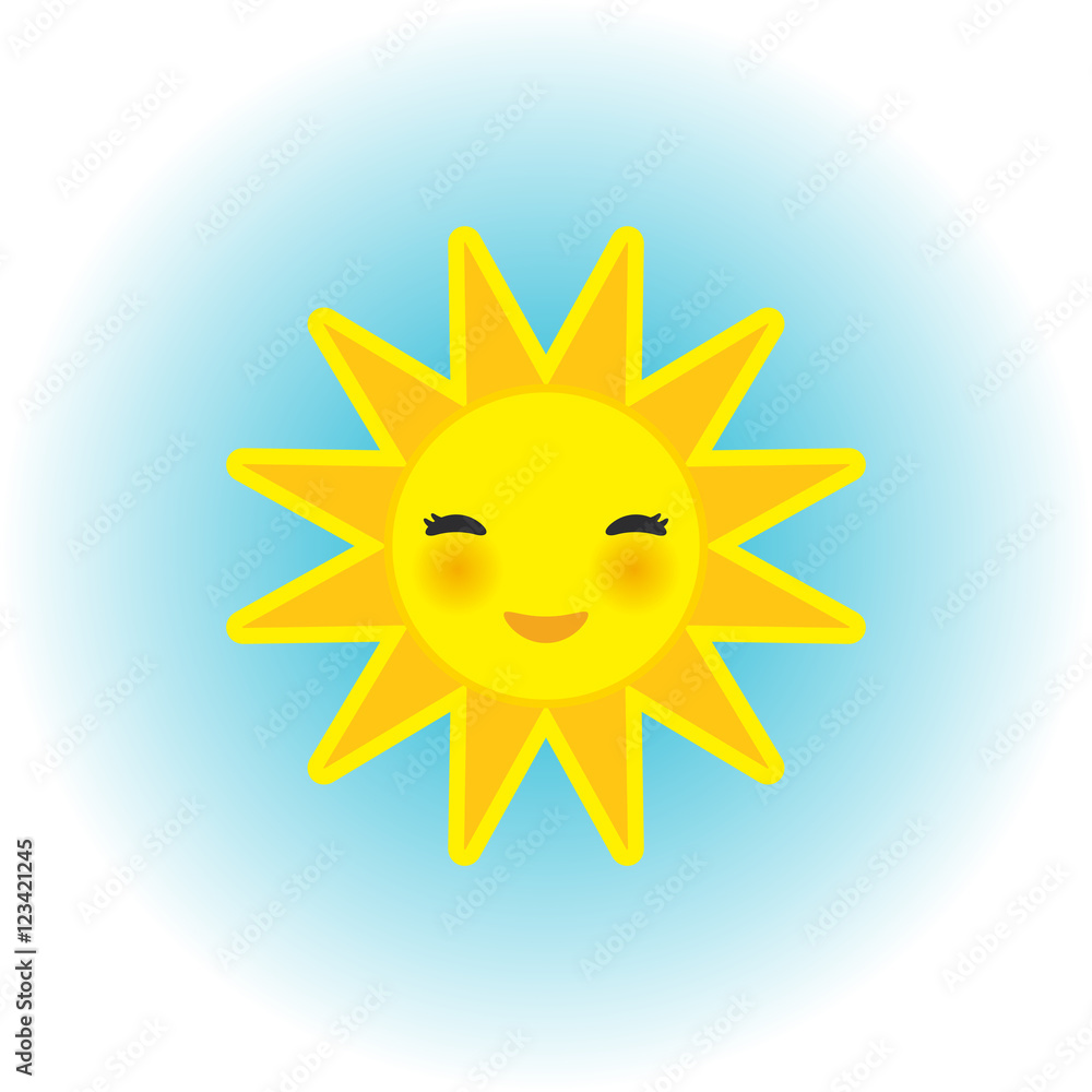 funny cartoon yellow sun smiling with closed eyes and pink cheeks on blue background. Vector