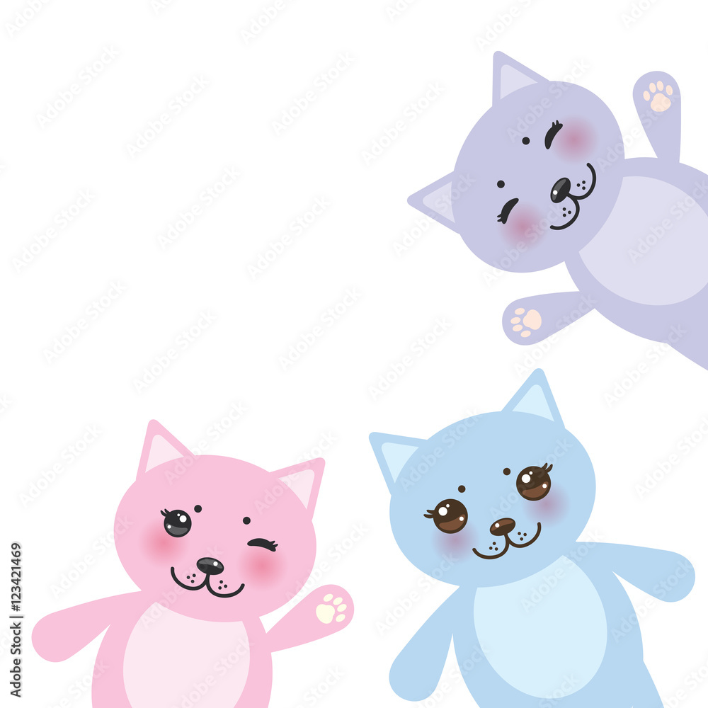 card design set funny cats, pastel colors on white background. Vector