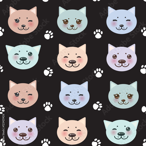 seamless pattern funny cat muzzle and paw prints. Vector
