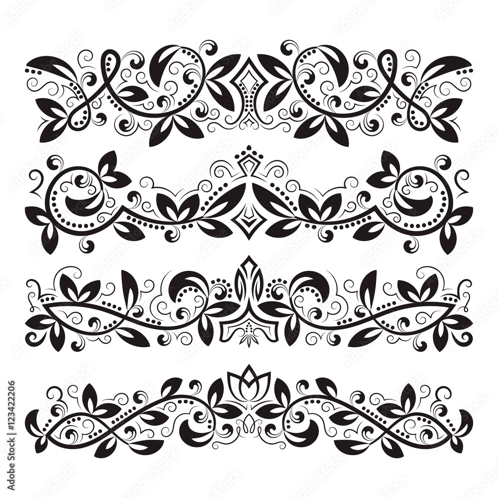 Design ornamental elements. Vintage headline decorations set. Floral tattoo in baroque style.