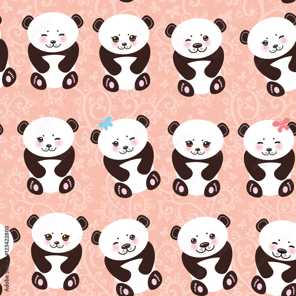 Kawaii funny panda seamless pattern on pink background, white muzzle with pink cheeks and big black eyes. Vector