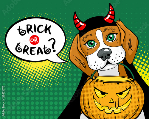 Trick or treat? Funny dog with big sad eyes and devil horns holding box for candies in form of pumpkin in mouth. Vector poster in retro comic pop art style. Halloween party invitation.