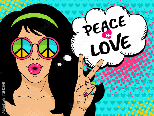Wow pop art female face. Sexy hippie girl in glasses with pacific sign shows victory sign and peace and love speech bubble. Vector colorful background in pop art retro comic style.
