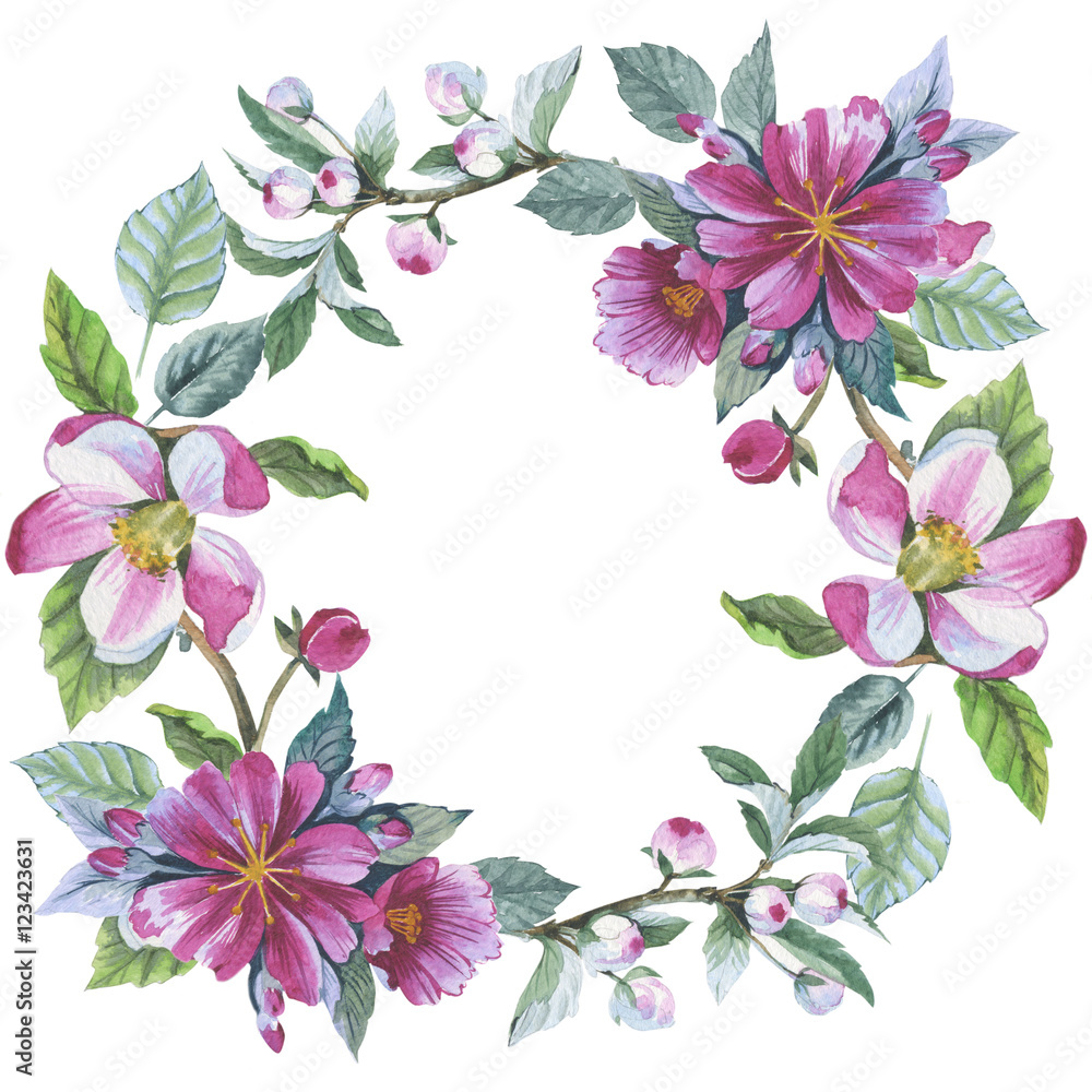 Wildflower apple flower wreath in a watercolor style isolated. Aquarelle wild flower for background, texture, wrapper pattern, frame or border.