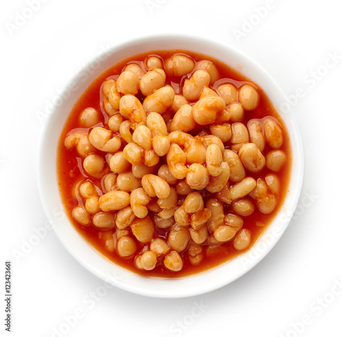 Bowl of beans in tomato sauce from above