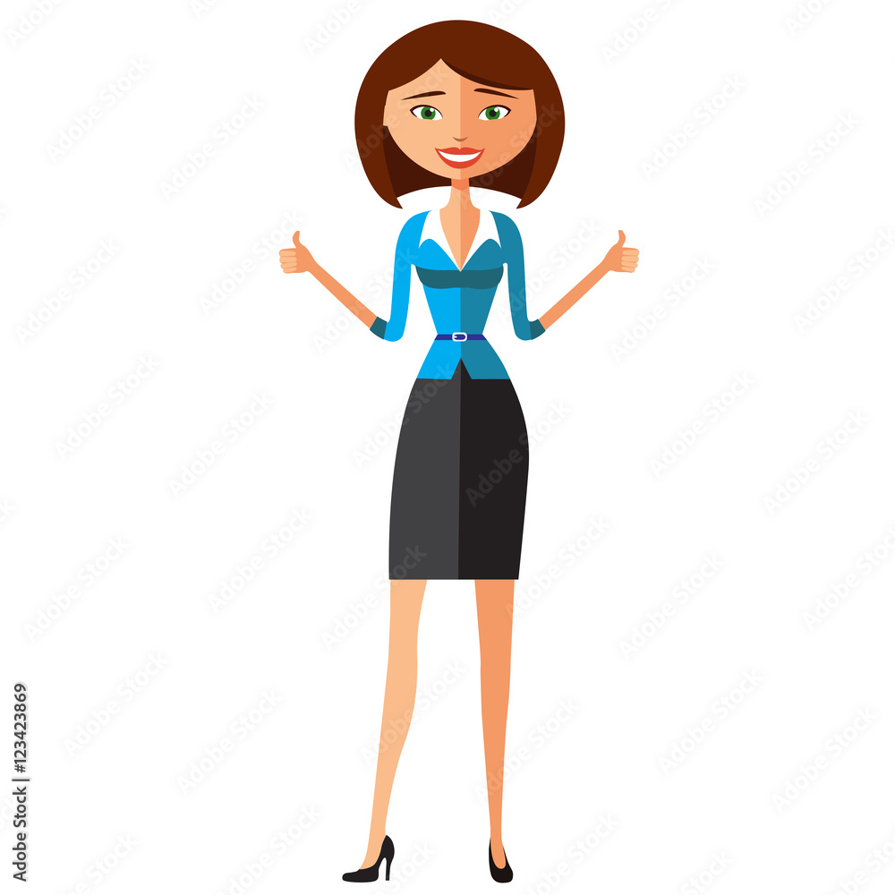 Happy young businesswoman showing thumbs up vector flat cartoon illustration Happy young businesswoman showing thumbs up vector flat cartoon illustration