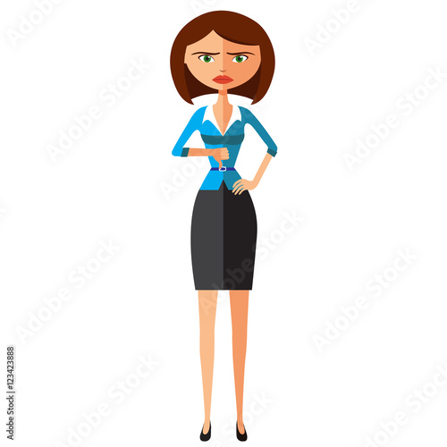 Angry unhappy woman thumbs down vector flat cartoon illustration