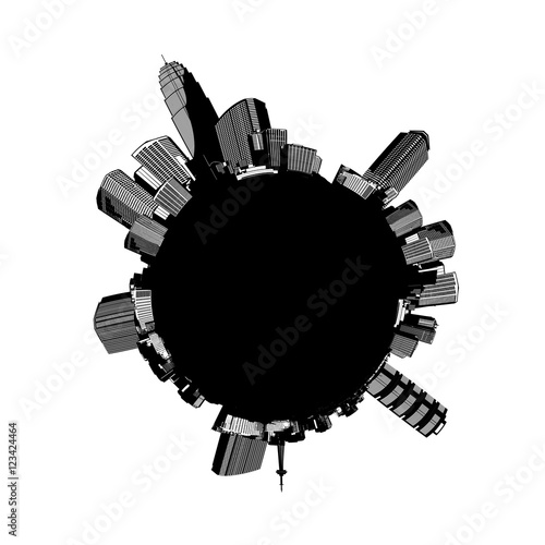 Round black and white city scape with skyscrapers placed around.