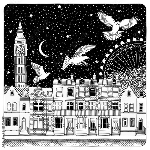 Night sky over London - artistic black and white illustration of British houses with a few dark windows, typical London sights in the background and birds flying over the city