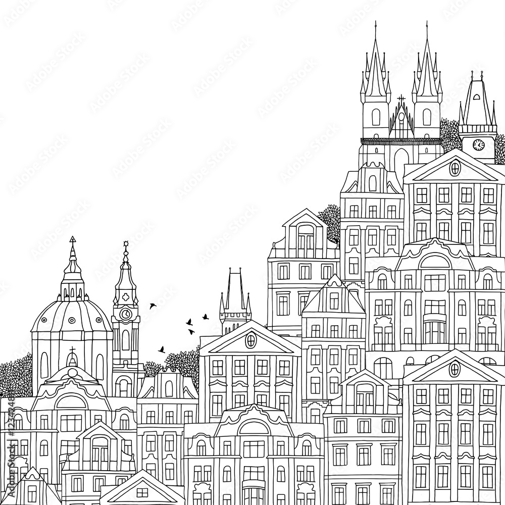 Prague, Czech Republic - hand drawn black and white illustration with space for text