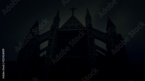 	Spooky Church at Night Under a Lightning Storm and Rain
