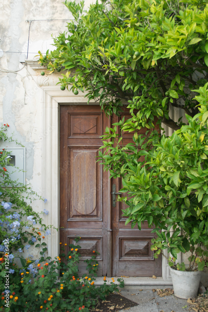 Orebic,brown door in the garden,peninsula Peljesac,Croatia