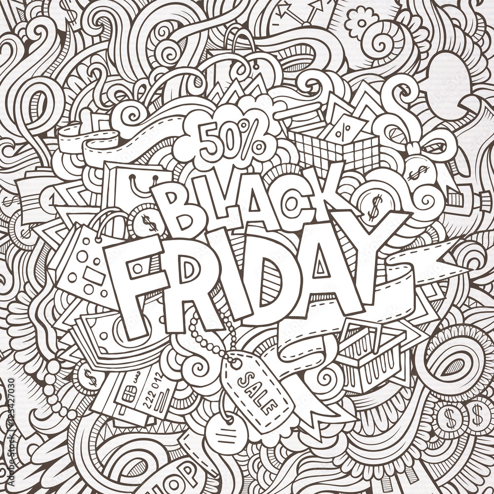 Cartoon cute doodles Black friday inscription Cartoon cute doodles Black friday inscription