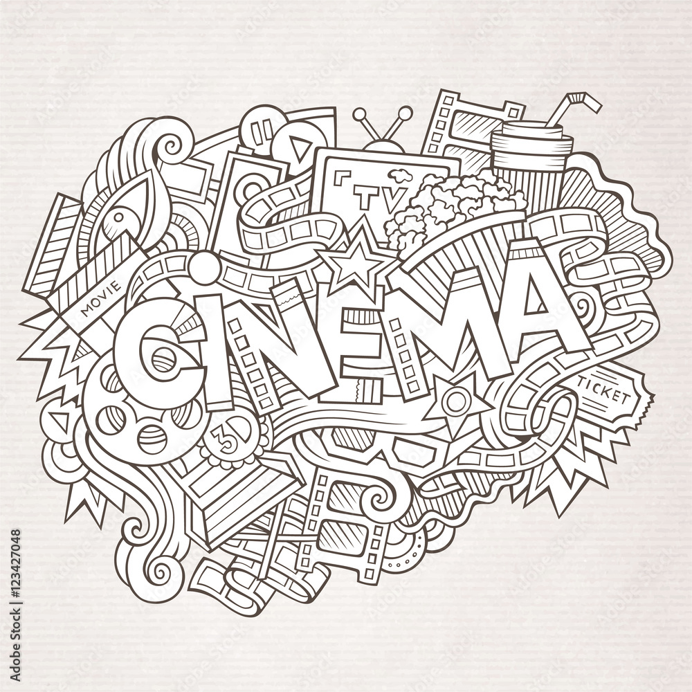 Cartoon cute doodles hand drawn Cinema inscription