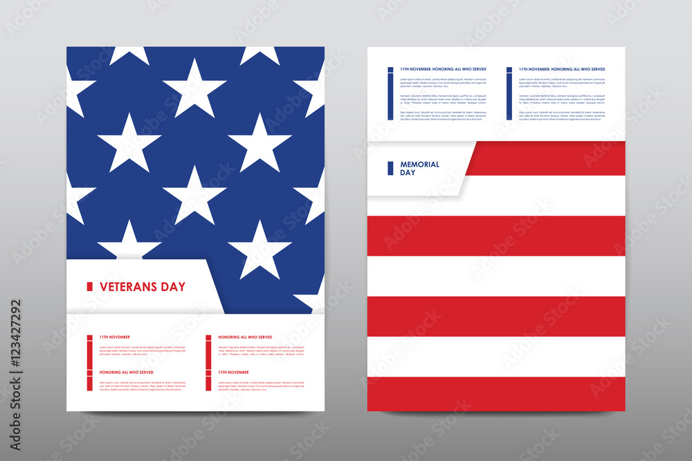 Set of Veterans Day brochure, poster templates in USA flag style. Beautiful design and layout Set of Veterans Day brochure, poster templates in USA flag style. Beautiful design and layout