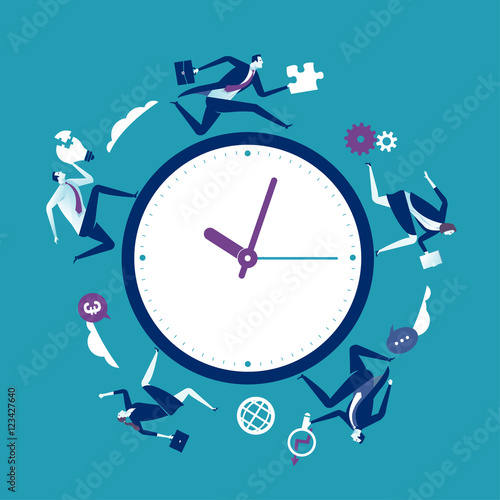 Time pressure. Business team is hurrying around a clock face. Business vector illustration