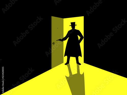 Armed man standing in the doorway. Man with gun in an open door. Light from the open door. Vector illustration.