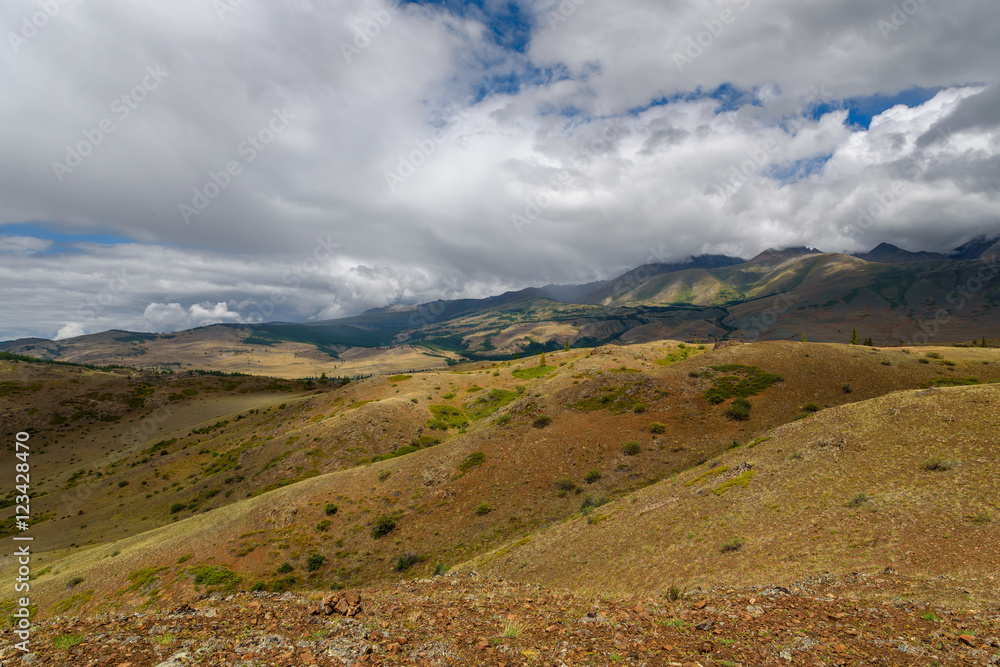 mountains valley sky clouds top