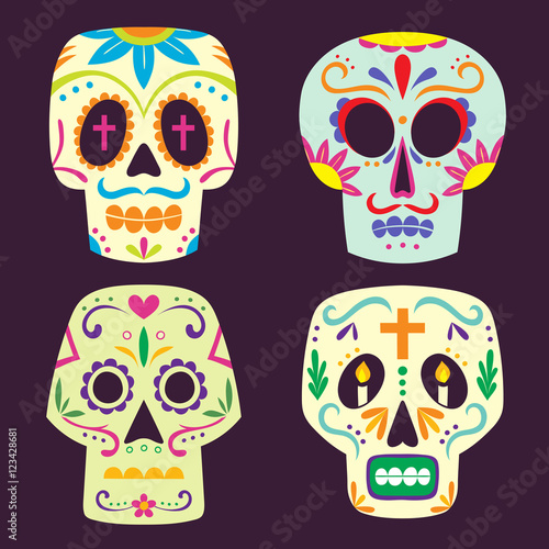 Colorful cartoony mexican sugar skull set.