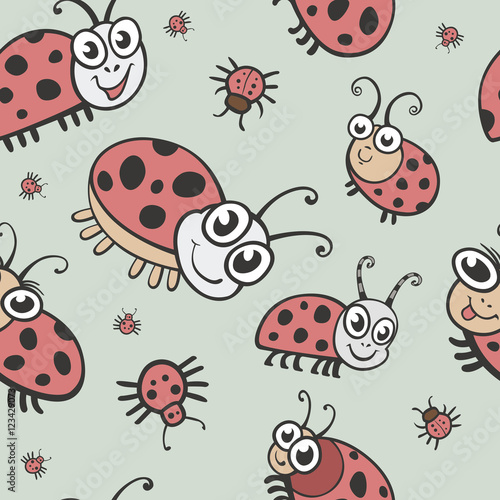 Funny bugs, ladybird and insects seamless vector texture. Childr