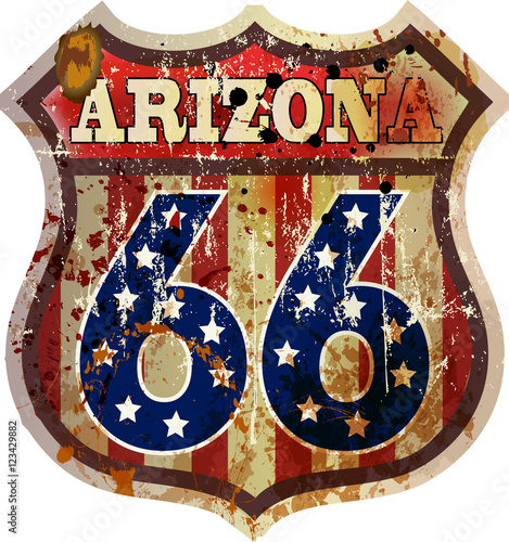 Grungy Route 66 sign, Arizona, retro style, vector