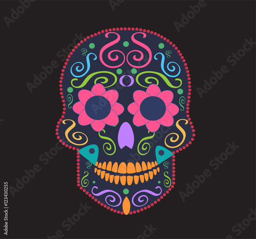 Skull vector ornament neon color with flower eyes icon neon color