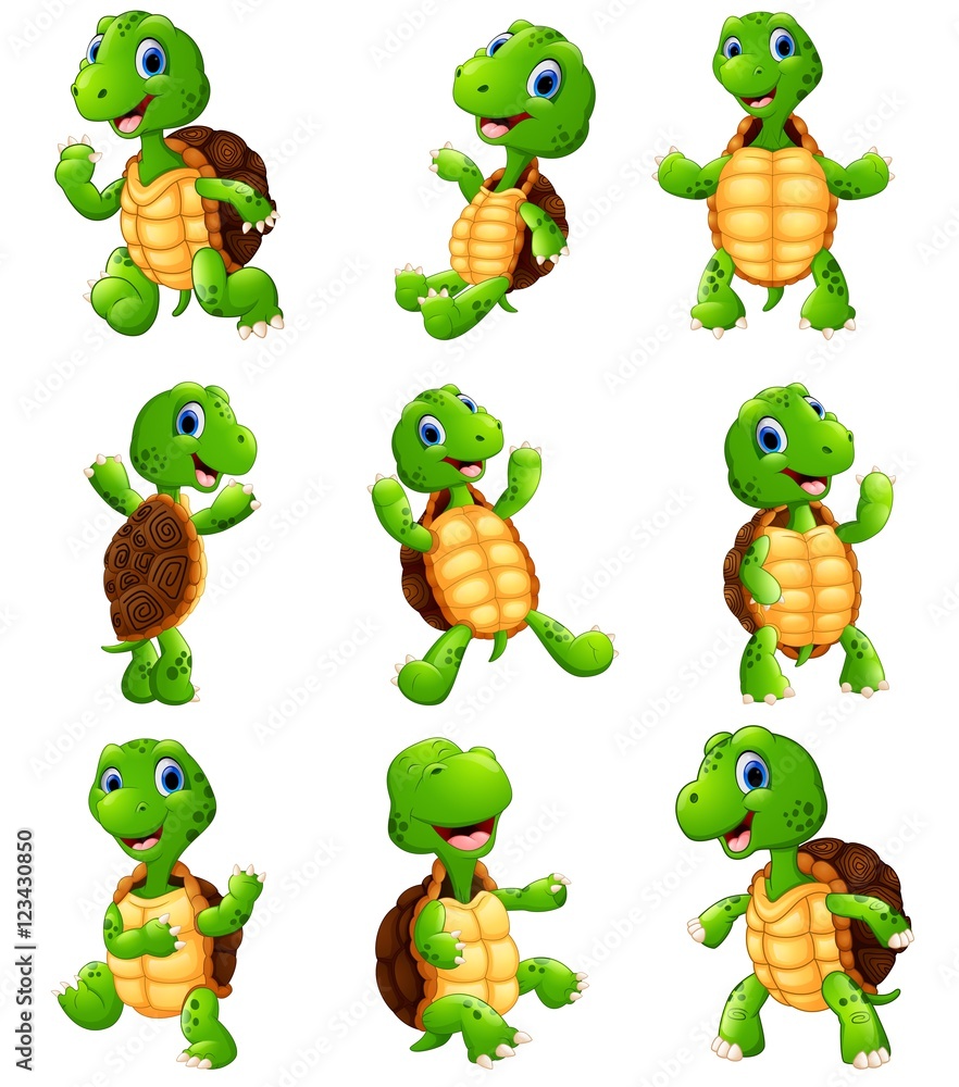 Naklejka premium Zestaw kolekcja kreskówka szczęśliwy żółw
