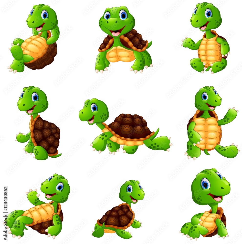 Obraz premium Zestaw kolekcja kreskówka szczęśliwy żółw