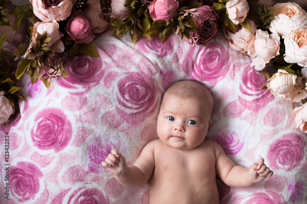 Fototapeta premium baby girl on a light pink background with roses flowers, close u
