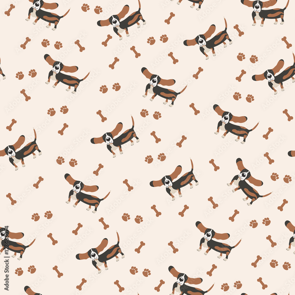 Dogs Vector Seamless pattern. Dog Basset Hound, bone, paw print. Dogs Vector Seamless pattern. Dog Basset Hound, bone, paw print.