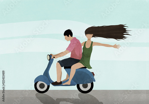 Illustration of couple riding on motor scooter against sky photo