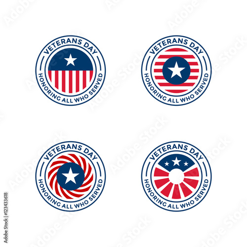 Collection of various Veterans Day stamps, labels, emblems and badges