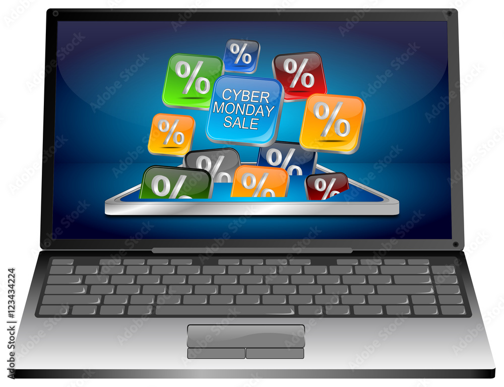 Laptop Computer with Cyber Monday Sale - 3D illustration Laptop Computer with Cyber Monday Sale - 3D illustration