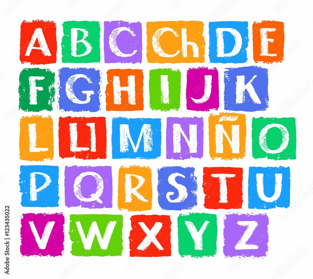 Spanish alphabet, in capital white letters on a colored background. Vector, white letters on colored rectangles. The texture of chalk on coloured crayons, simulation. 