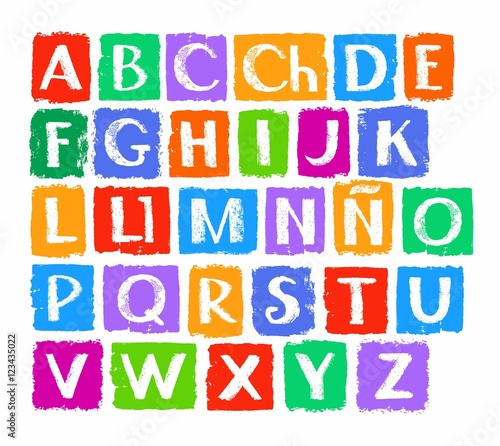Spanish alphabet  in capital white letters on a colored background. Vector  white letters on colored rectangles. The texture of chalk on coloured crayons  simulation. 
