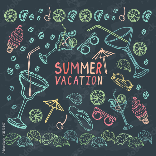 Summer vacation illustration on chalkboard background.