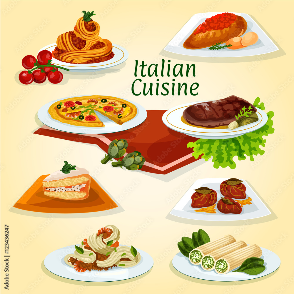 Italian cuisine dinner icon with popular dishes Italian cuisine dinner icon with popular dishes