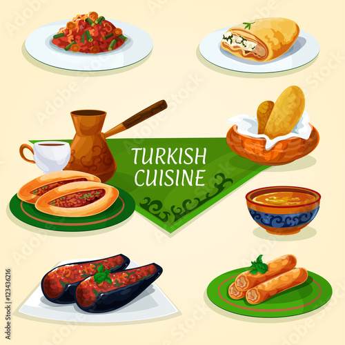 Turkish cuisine dinner with dessert, coffee icon