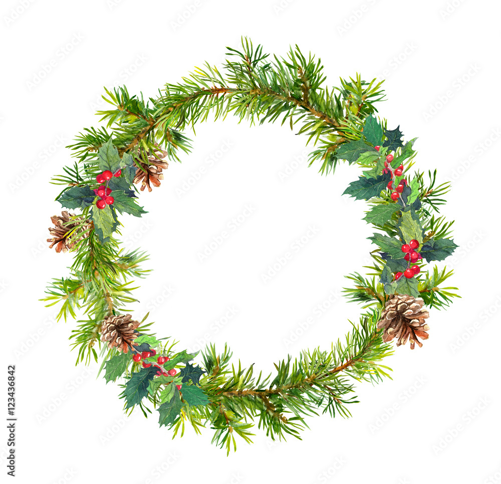 Obraz Christmas tree wreath - spruce branches, cones, mistletoe. Watercolor