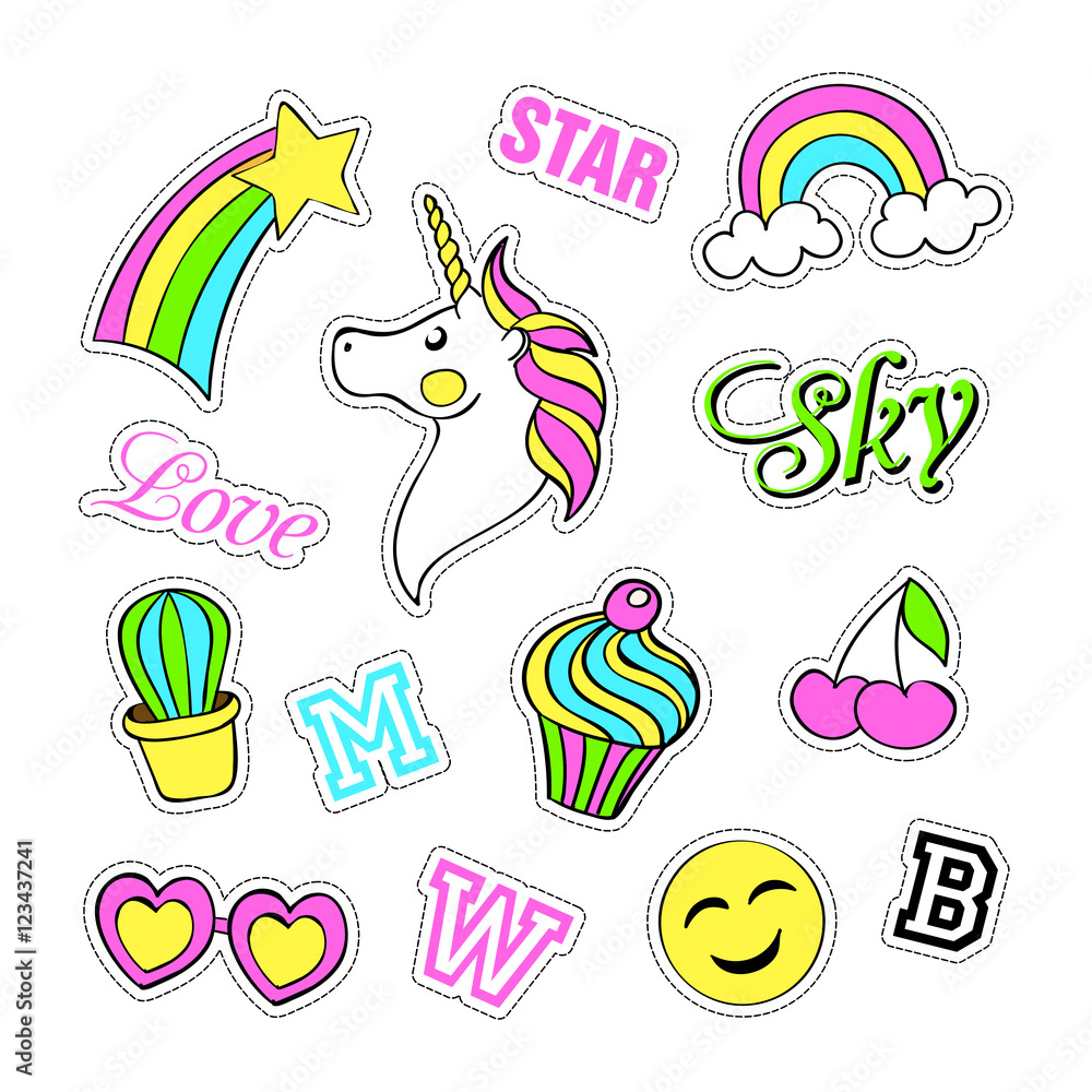 Pop art set with fashion patch badges and different elements. Stickers, pins, patches, quirky, handwritten notes collection. 80s-90s style. Trend. Vector illustration isolated. Vector clip art.