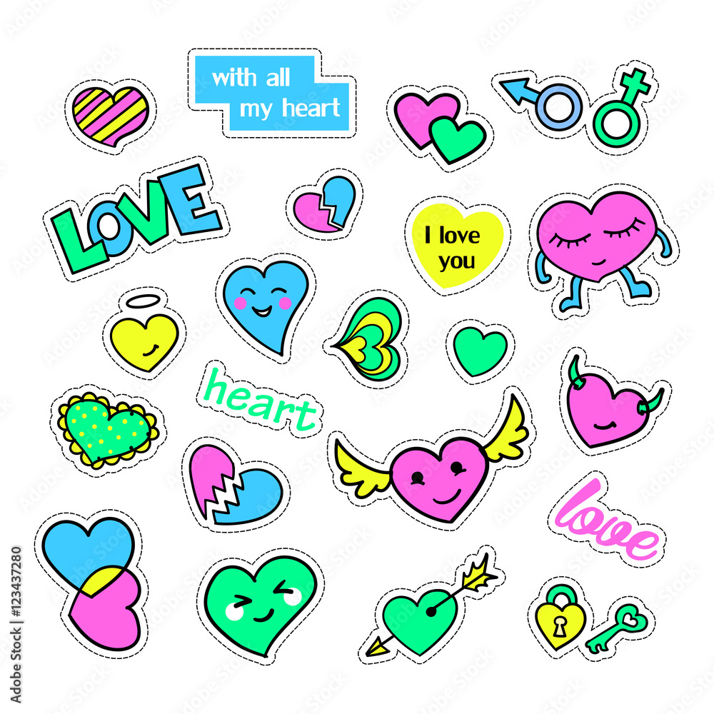 Pop art set with fashion patch badges and different hearts. Stickers, pins, patches, quirky, handwritten notes collection. 80s-90s style. Trend. Vector illustration isolated. Vector clip art.