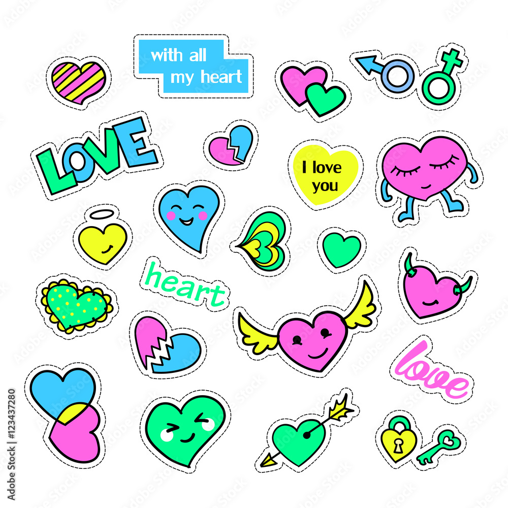 Pop art set with fashion patch badges and different hearts. Stickers, pins, patches, quirky, handwritten notes collection. 80s-90s style. Trend. Vector illustration isolated. Vector clip art. Pop art set with fashion patch badges and different hearts. Stickers, pins, patches, quirky, handwritten notes collection. 80s-90s style. Trend. Vector illustration isolated. Vector clip art.