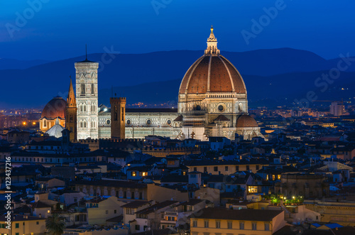 Night view of Florence Duomo. Basilica di Santa Maria del Fiore (Basilica of Saint Mary of the Flower) in Florence, Italy