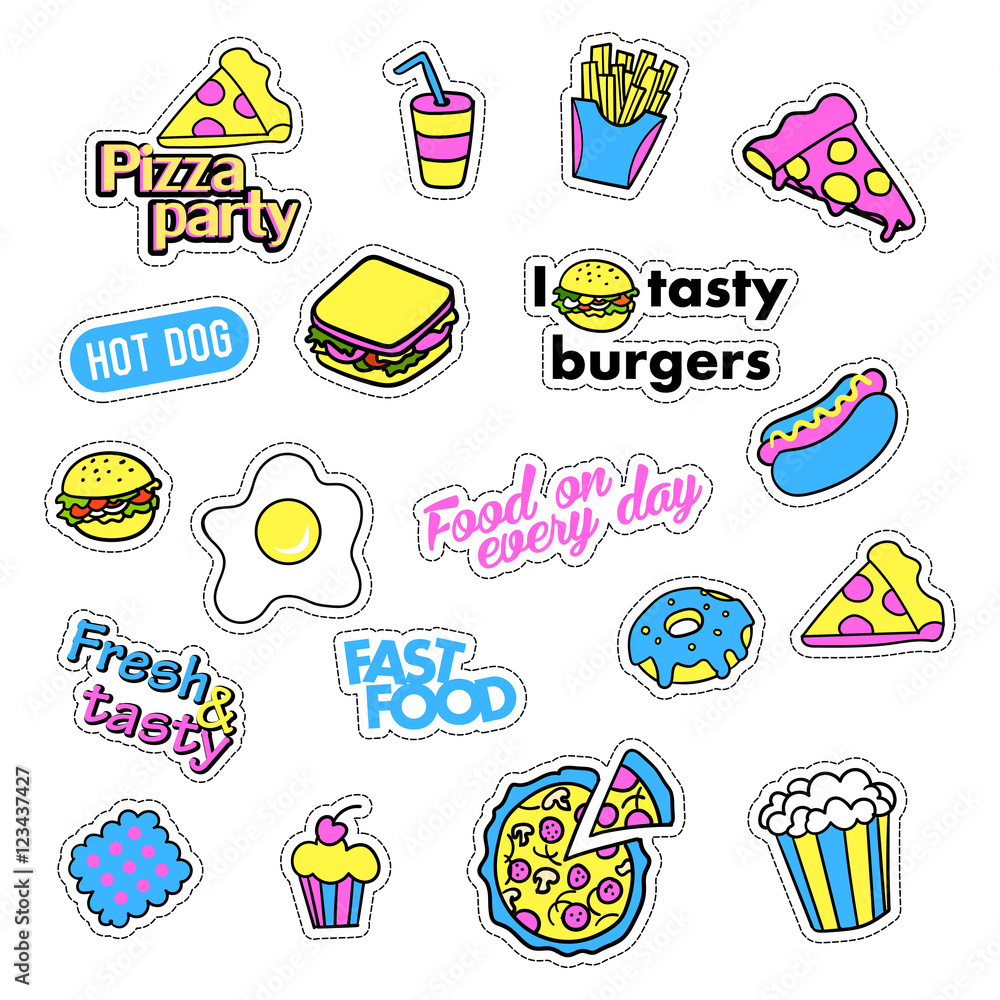 Pop art set with fashion patch badges and different fast food elements. Stickers,pins,patches,quirky, handwritten notes collection. 80s-90s style. Trend. Vector illustration isolated.Vector clip art.