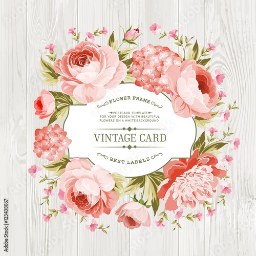 Pink peony with a vintage label over wooden texture. Vector illustration.