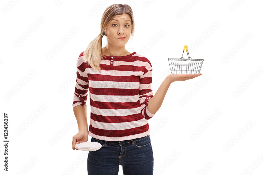 Girl with an empty pocket and a shopping basket Girl with an empty pocket and a shopping basket